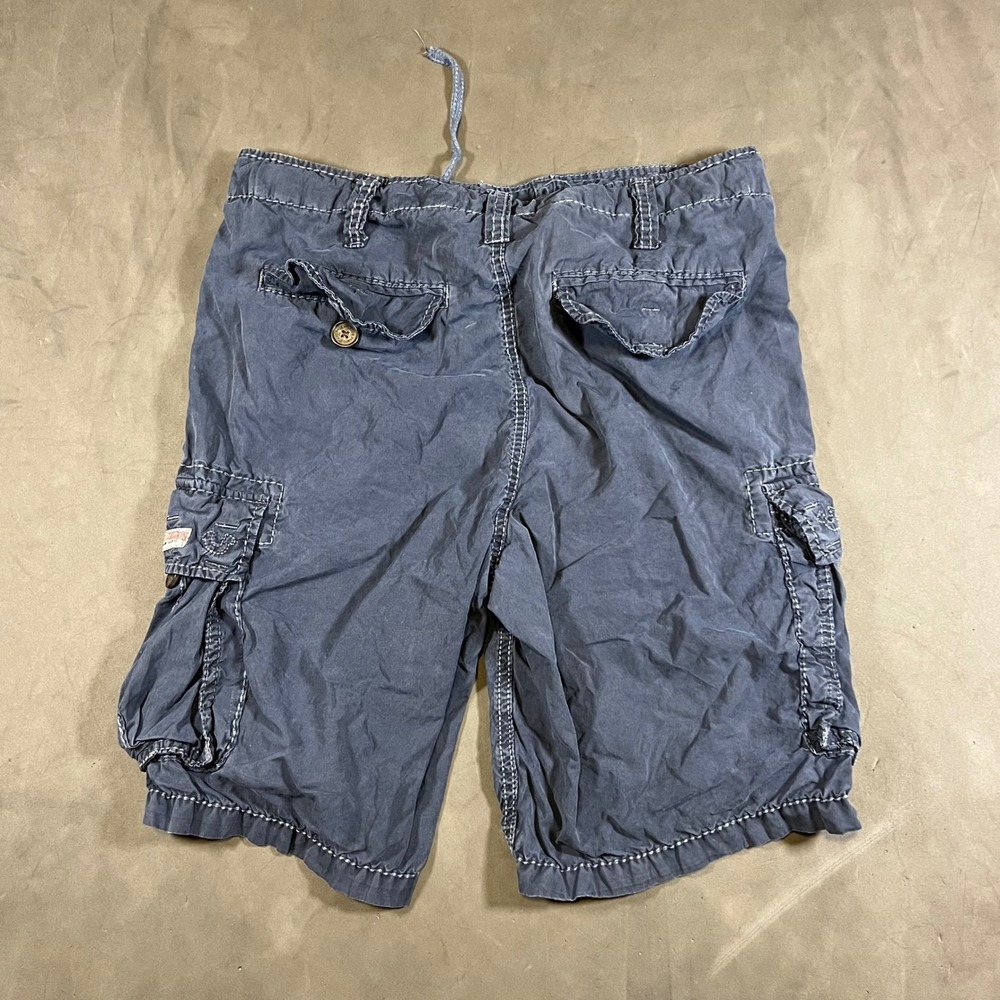 Y2K True Religion Cargo Shorts Mens 33 Navy Blue Big T Stitching Utility - Picture 2 of 7